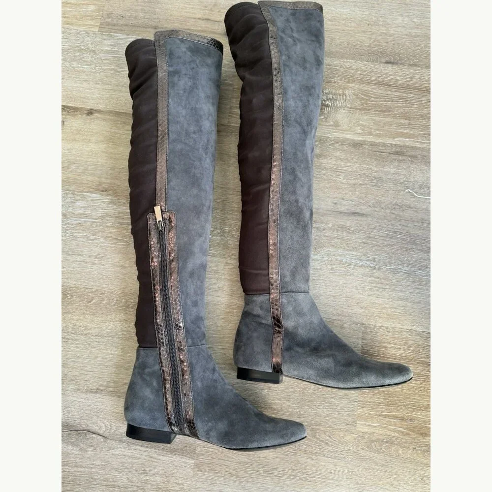 Vince Camuto Gray Suede Filtra Over The Knee Boots Women’s 6 Bronze Snake Trim